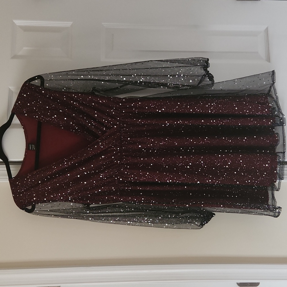 SHEIN splatter paint Lantern sleeve Mesh dress Burgundy Black Size X-Large